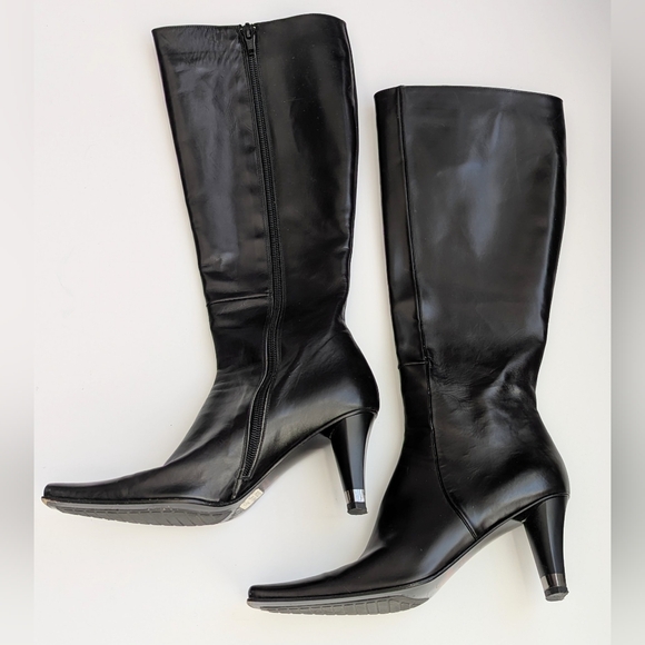 Sofia Italy Sleek Black Knee-High, Square-Toe Boots w/Silver Wrap Around 3" Heel - Picture 3 of 16